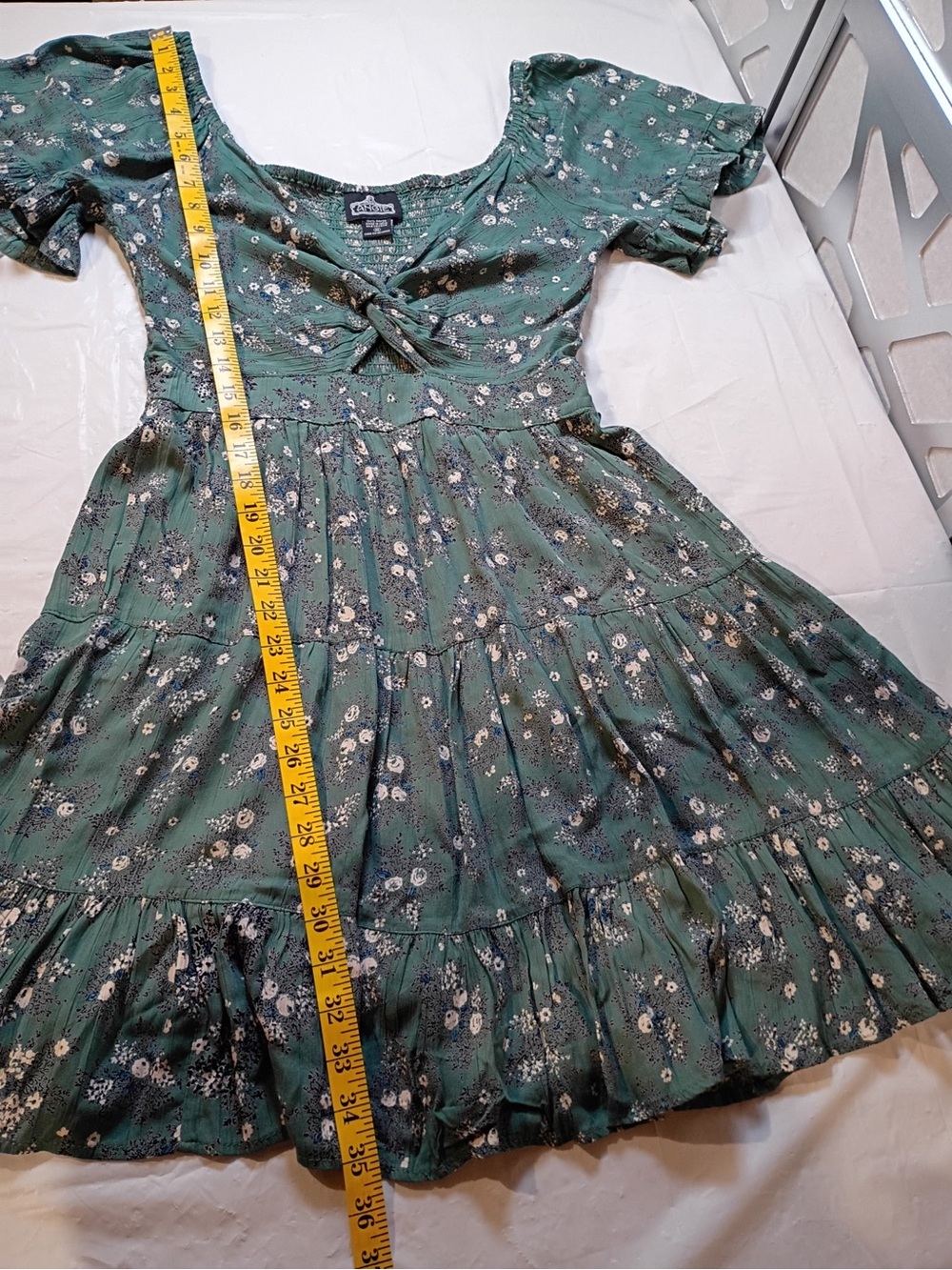 Angie Green Floral Smocked Mini Dress Size M Boho Cottagecore - Picture 4 of 8